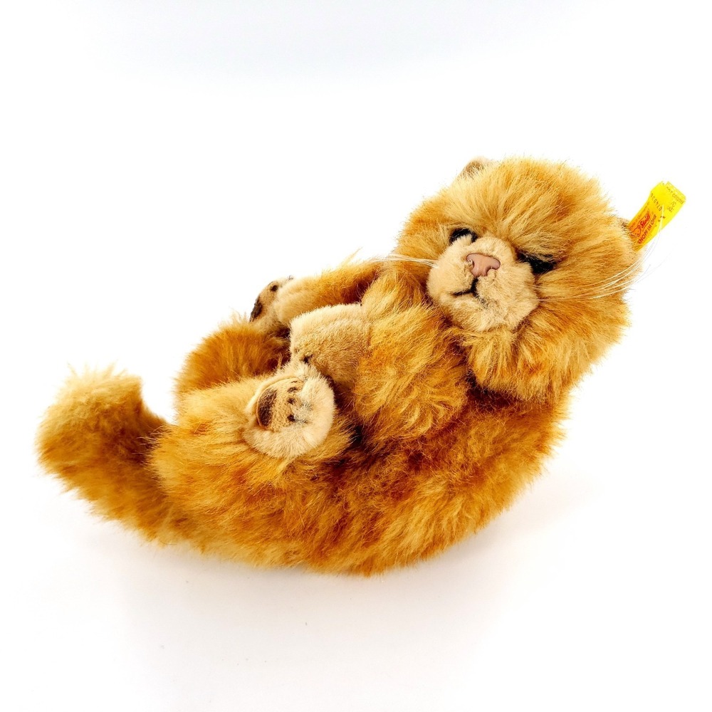 Vtg Steiff Kitten Laying On Side Cat Plush Orange Tabby #074936 w/ Ear Button